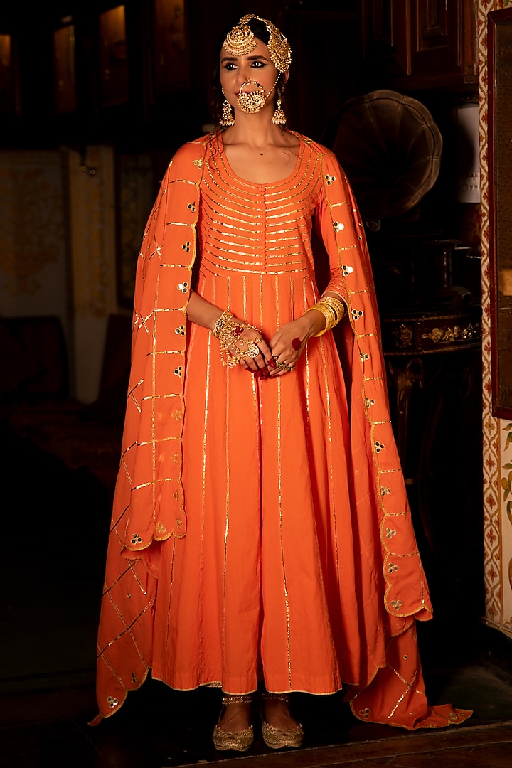 Orange Cotton Kalidar Kurta Set by Maison Shefali