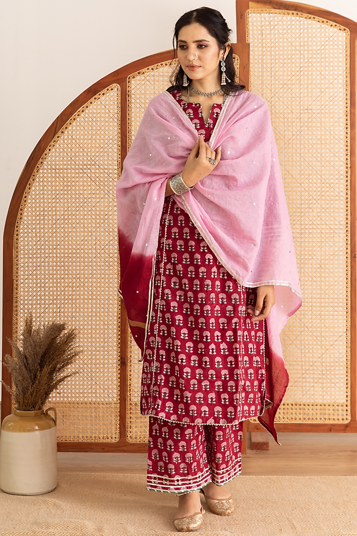 Red Cotton Hand Block Printed Kurta Set by Maison Shefali at Pernia's Pop Up Shop