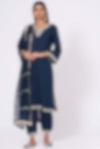 Midnight Blue Embroidered A-Line Kurta Set by Maison Shefali at Pernia's Pop Up Shop