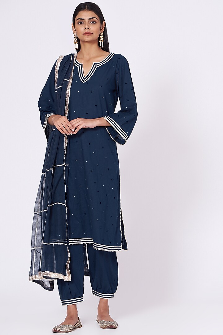 Midnight Blue Embroidered A-Line Kurta Set by Maison Shefali at Pernia's Pop Up Shop