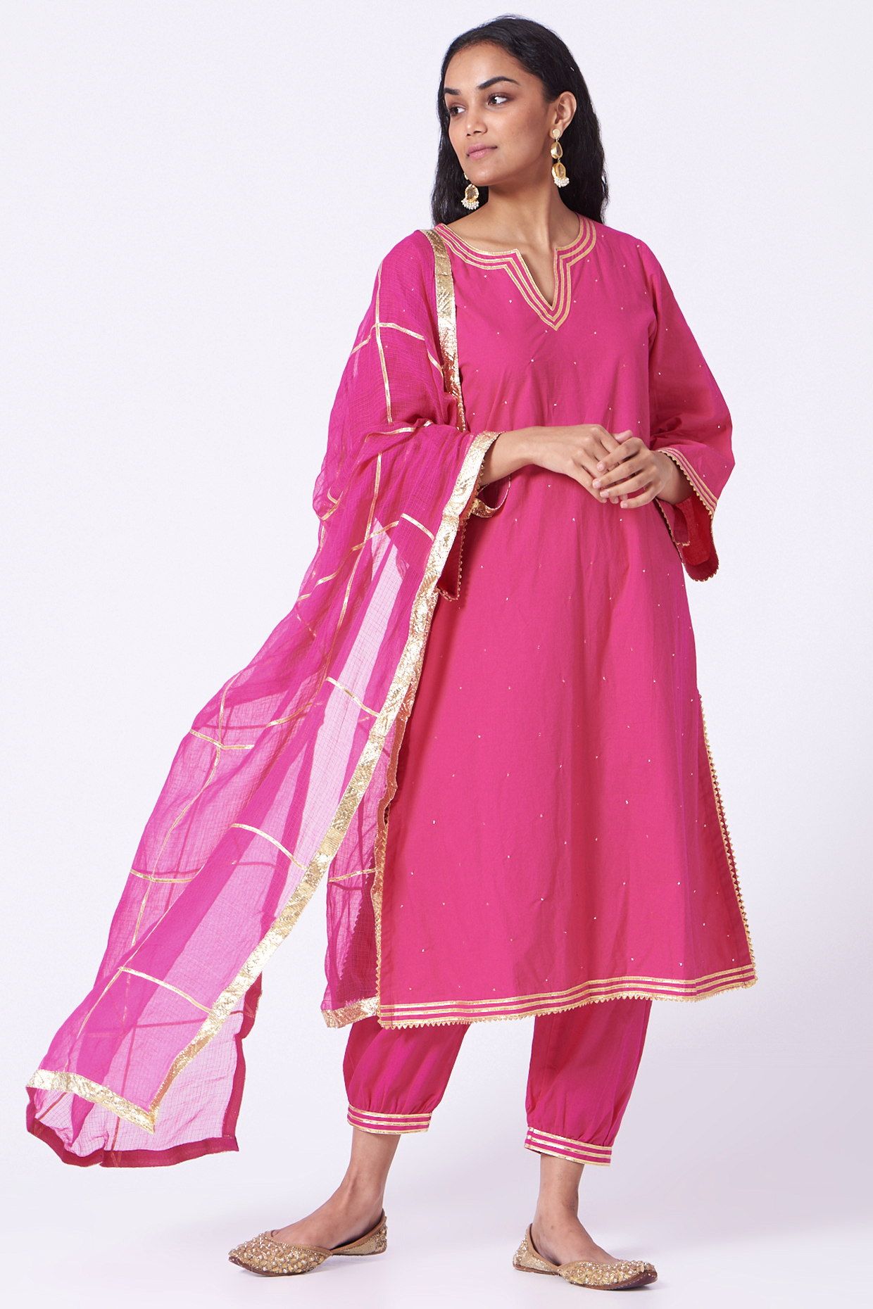 Fuchsia Kurta Set With Gota Detailing by Maison Shefali at Pernia's Pop Up Shop