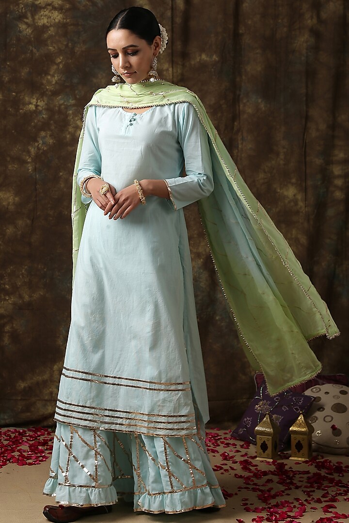 Powder Blue Hand Embroidered Sharara Set by Maison Shefali at Pernia's Pop Up Shop