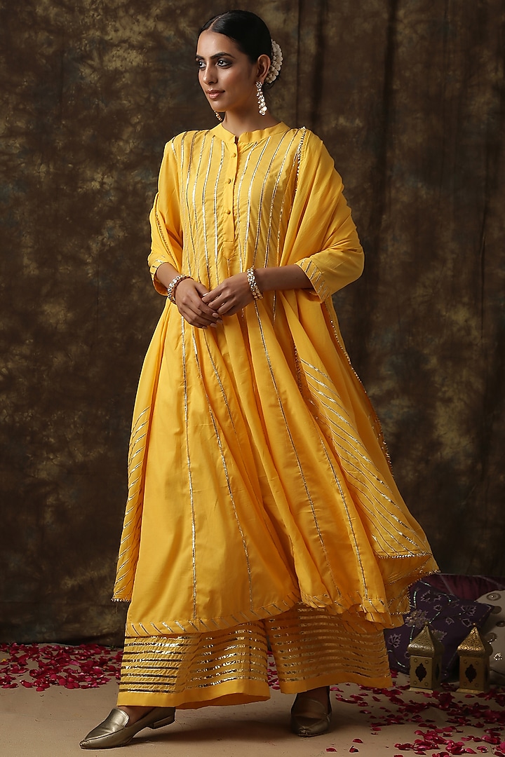 Yellow Cotton Kalidar Kurta Set With Gota Work by Maison Shefali