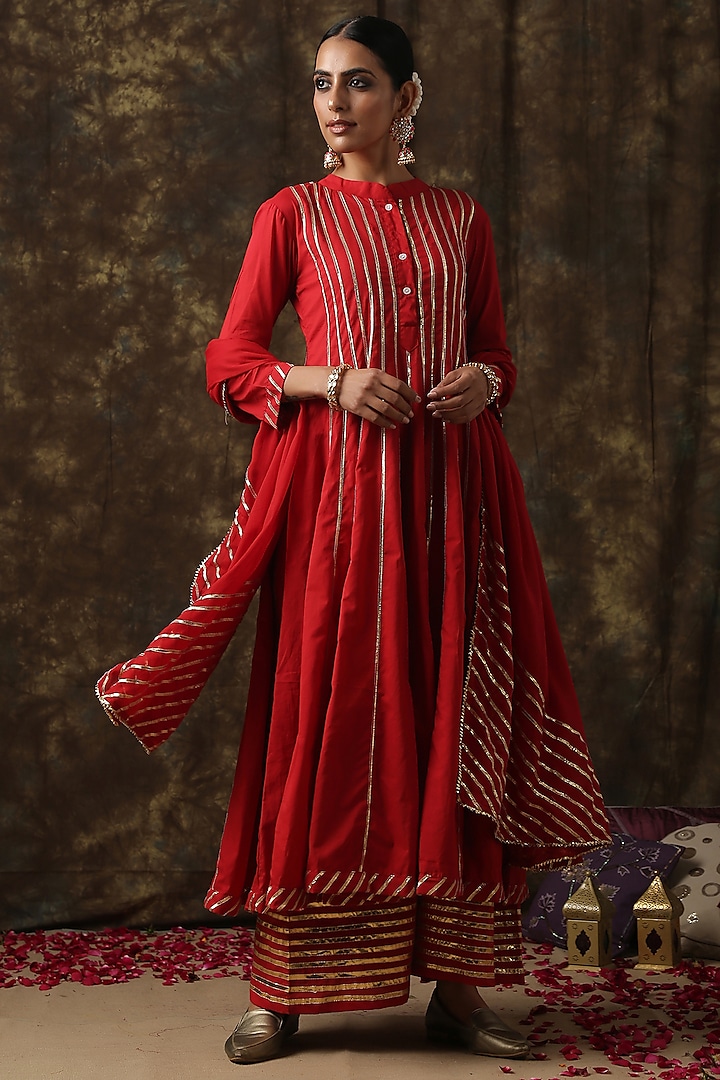 Red Cotton Kalidar Kurta Set With Gota Work by Maison Shefali