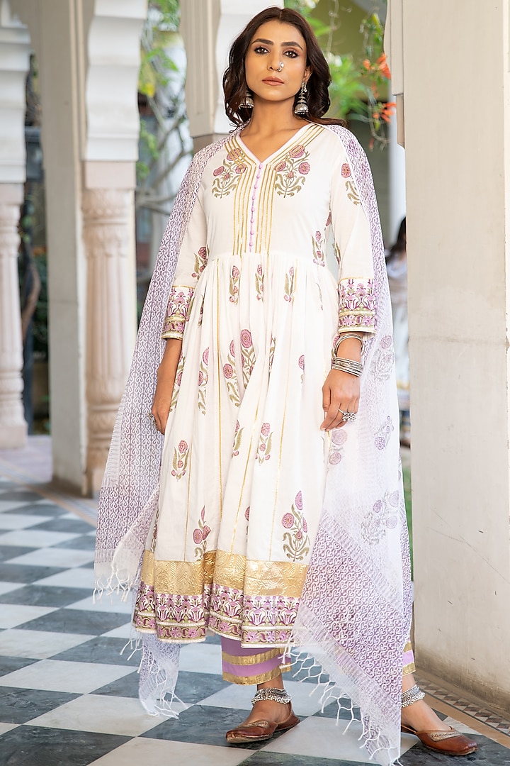 Ivory Hand Embroidered & Printed Kurta Set by Maison Shefali