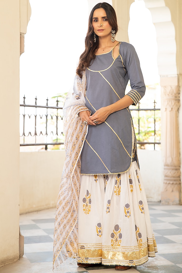 Ivory Cotton Printed Sharara Set by Maison Shefali