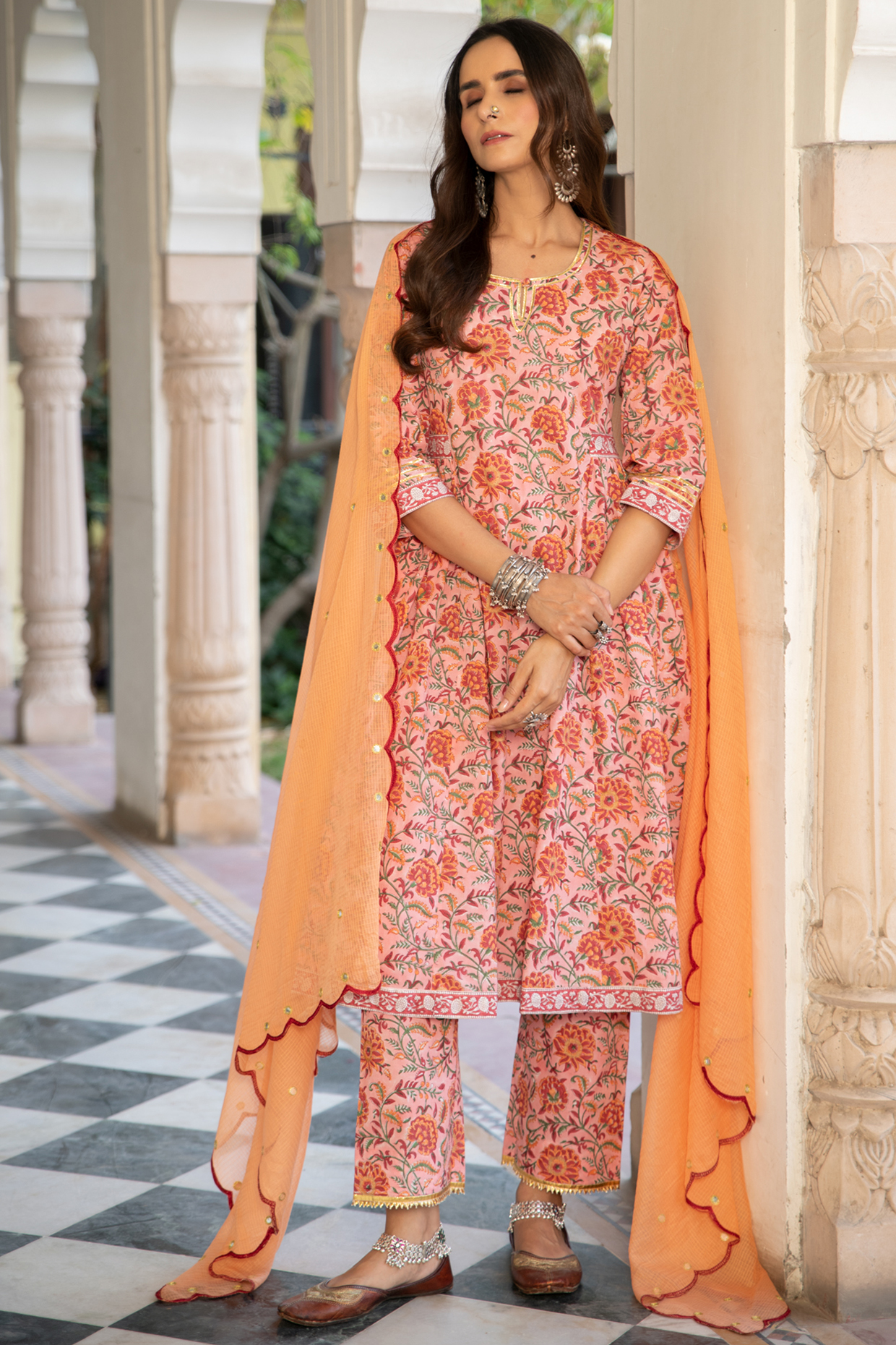 Peach Embroidered Handcrafted Kurta Set by Maison Shefali