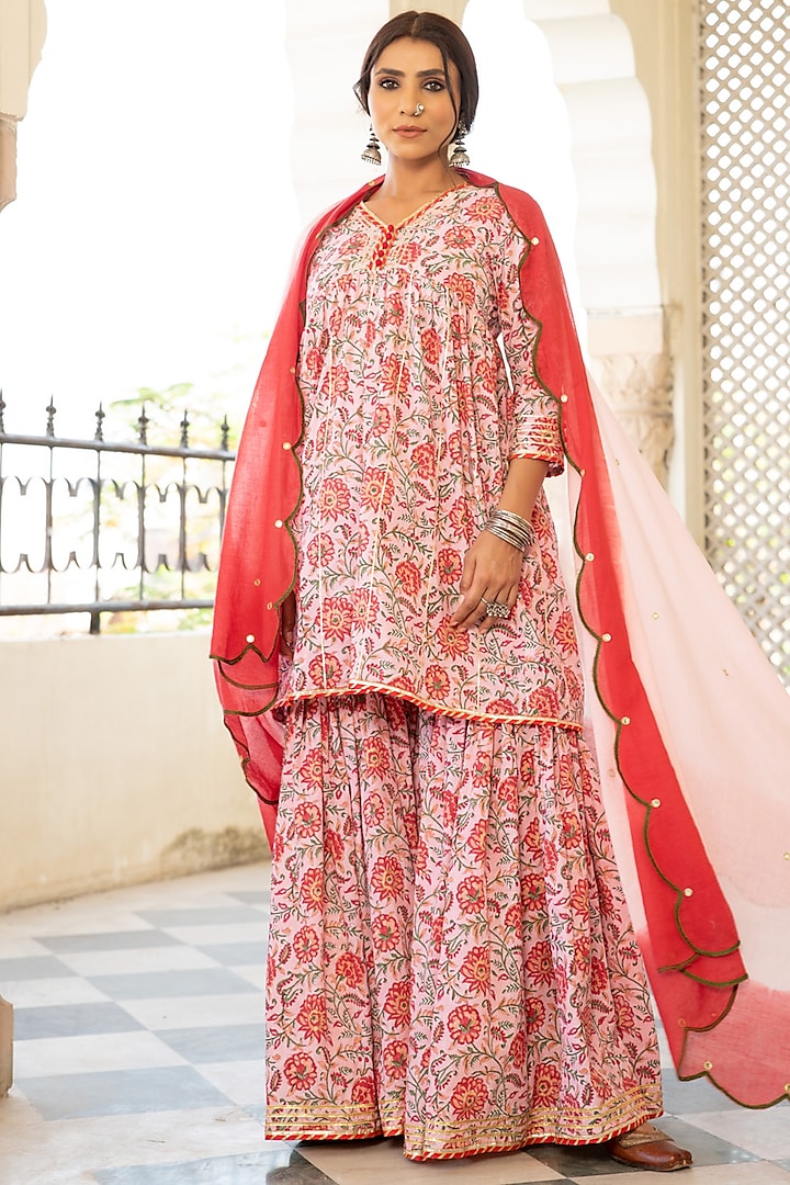 Baby Pink Mul Printed Sharara Set by Maison Shefali