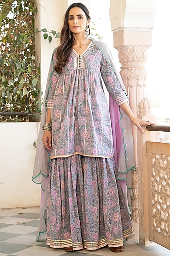 Grey Block Printed Sharara Set by Maison Shefali at Pernia's Pop Up Shop