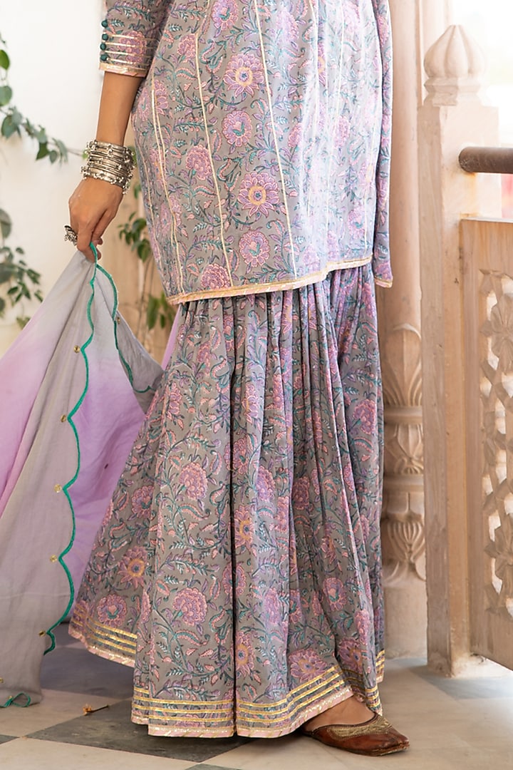 Grey Block Printed Sharara Set by Maison Shefali at Pernia's Pop Up Shop