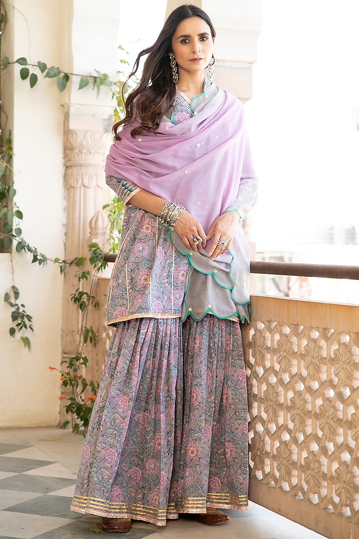 Grey Block Printed Sharara Set by Maison Shefali at Pernia's Pop Up Shop