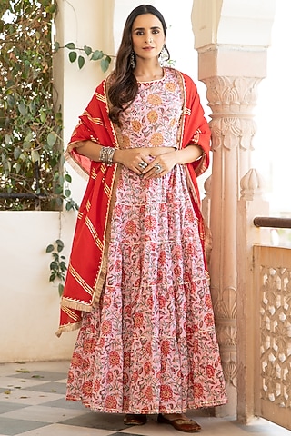 Blush Pink & Red Printed Handcrafted Skirt Set by Maison Shefali