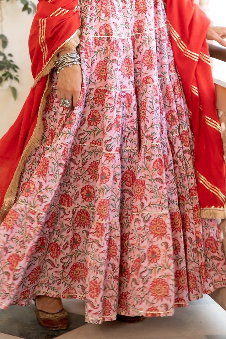 Blush Pink & Red Printed Handcrafted Skirt Set by Maison Shefali at Pernia's Pop Up Shop