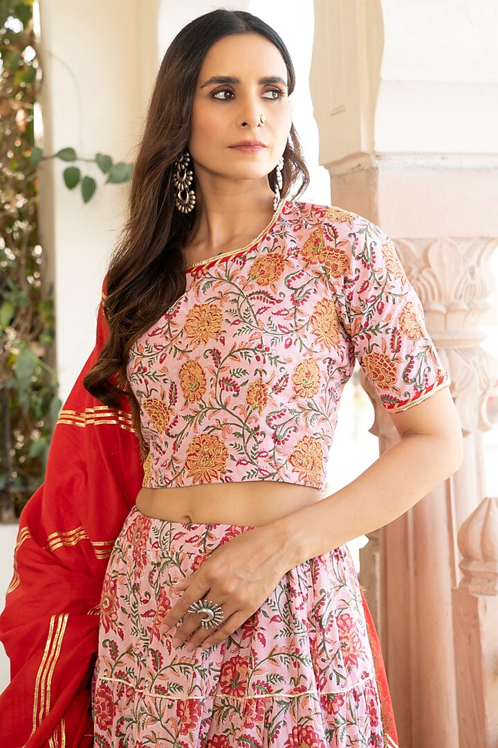 Blush Pink & Red Printed Handcrafted Skirt Set by Maison Shefali at Pernia's Pop Up Shop