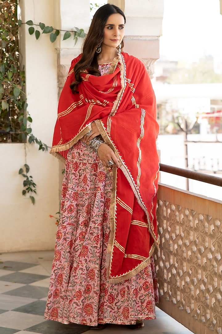 Blush Pink & Red Printed Handcrafted Skirt Set by Maison Shefali at Pernia's Pop Up Shop