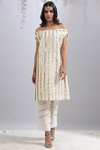 Ivory Gota Striped Off-Shoulder Tunic by Maison Shefali