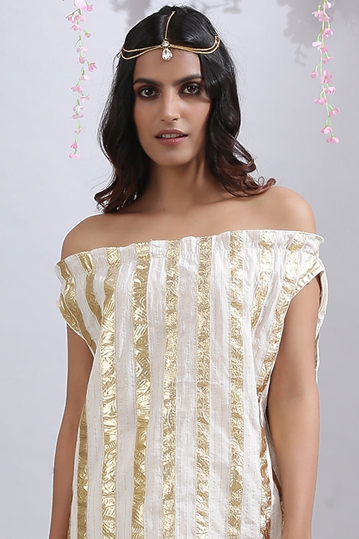 Ivory Gota Striped Off-Shoulder Tunic by Maison Shefali at Pernia's Pop Up Shop