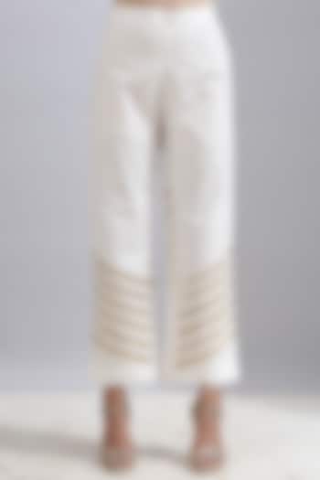 Ivory Gota Hand Embroidered Straight Pants by Maison Shefali