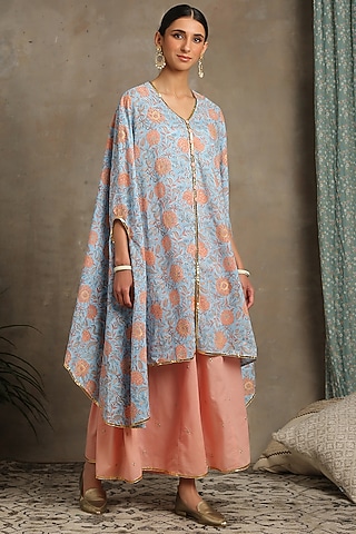 Blue & Peach Cape Set With Zari Hand Work by Maison Shefali