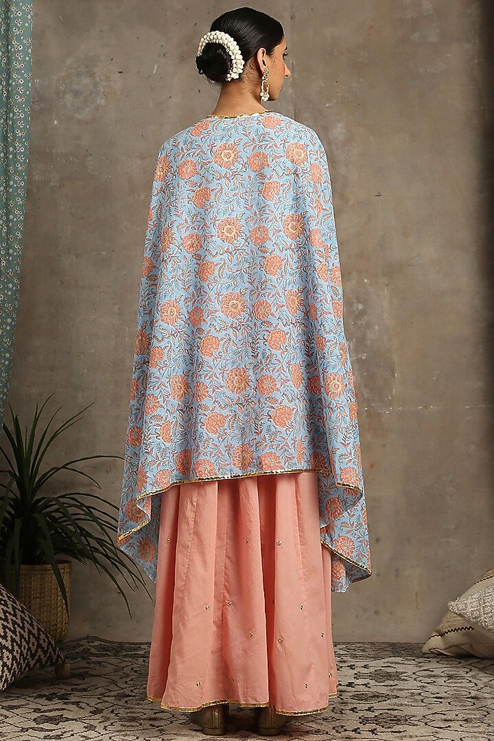 Blue & Peach Cape Set With Zari Hand Work by Maison Shefali at Pernia's Pop Up Shop