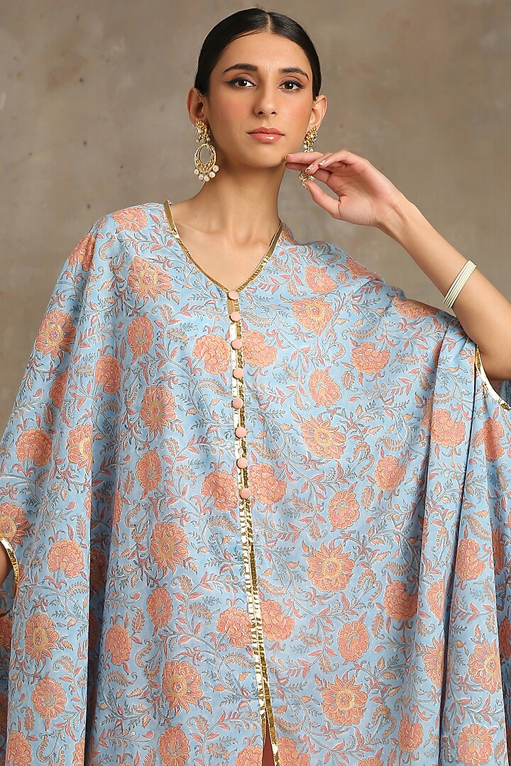 Blue & Peach Cape Set With Zari Hand Work by Maison Shefali at Pernia's Pop Up Shop