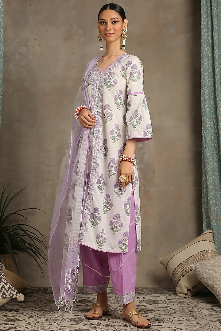 White & Lavender Hand Printed Kurta Set  by Maison Shefali at Pernia's Pop Up Shop