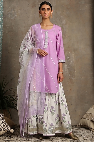 Lavender & Ivory Hand Printed Sharara Set by Maison Shefali