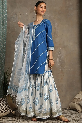 Ivory & Blue Hand Printed Sharara Set by Maison Shefali
