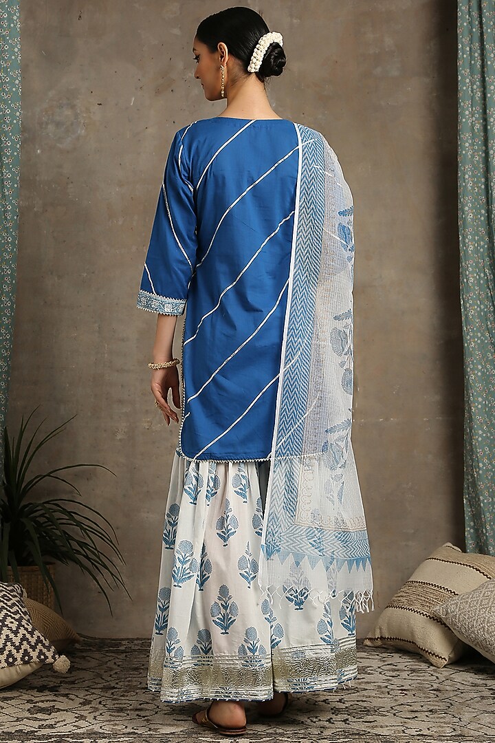 Ivory & Blue Hand Printed Sharara Set by Maison Shefali at Pernia's Pop Up Shop