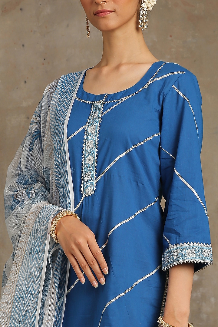 Ivory & Blue Hand Printed Sharara Set by Maison Shefali at Pernia's Pop Up Shop