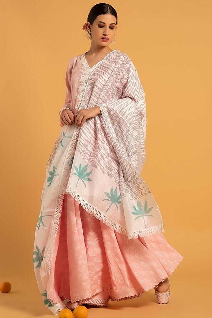Blush Pink Chanderi Flared Skirt Set by Maison Shefali at Pernia's Pop Up Shop