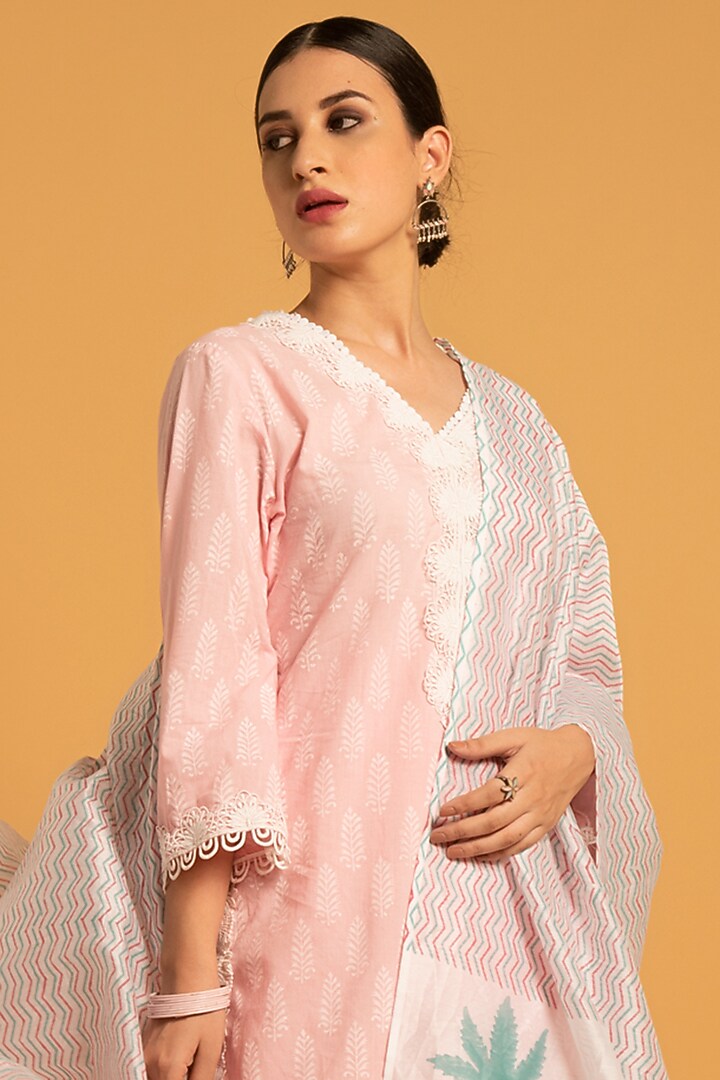 Blush Pink Chanderi Flared Skirt Set by Maison Shefali at Pernia's Pop Up Shop