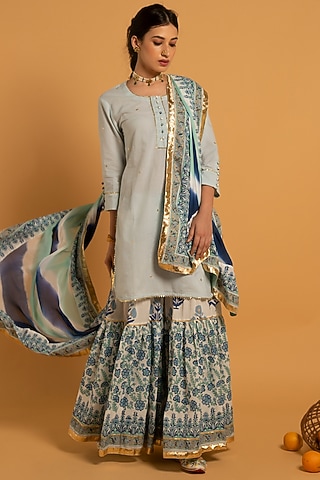 White Hand Block Printed Sharara Set by Maison Shefali
