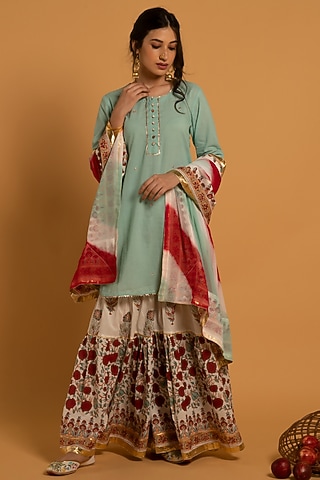 White & Red Hand Block Printed Sharara Set by Maison Shefali