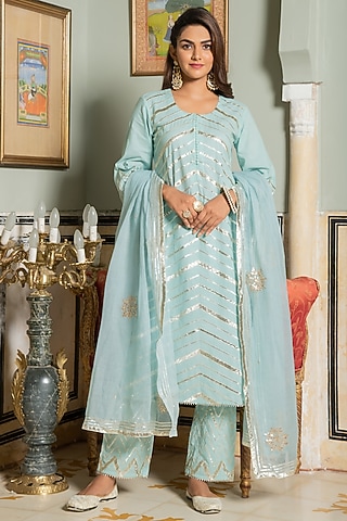 Powder Blue Hand Embroidered Kurta Set by Maison Shefali