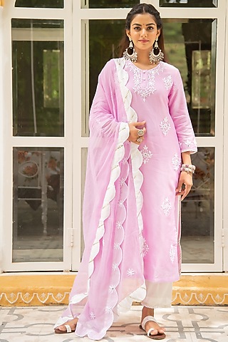 Baby Pink Mirror Embroidered Kurta Set by Maison Shefali