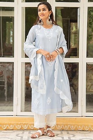 Powder Blue Mirror Embroidered Kurta Set by Maison Shefali