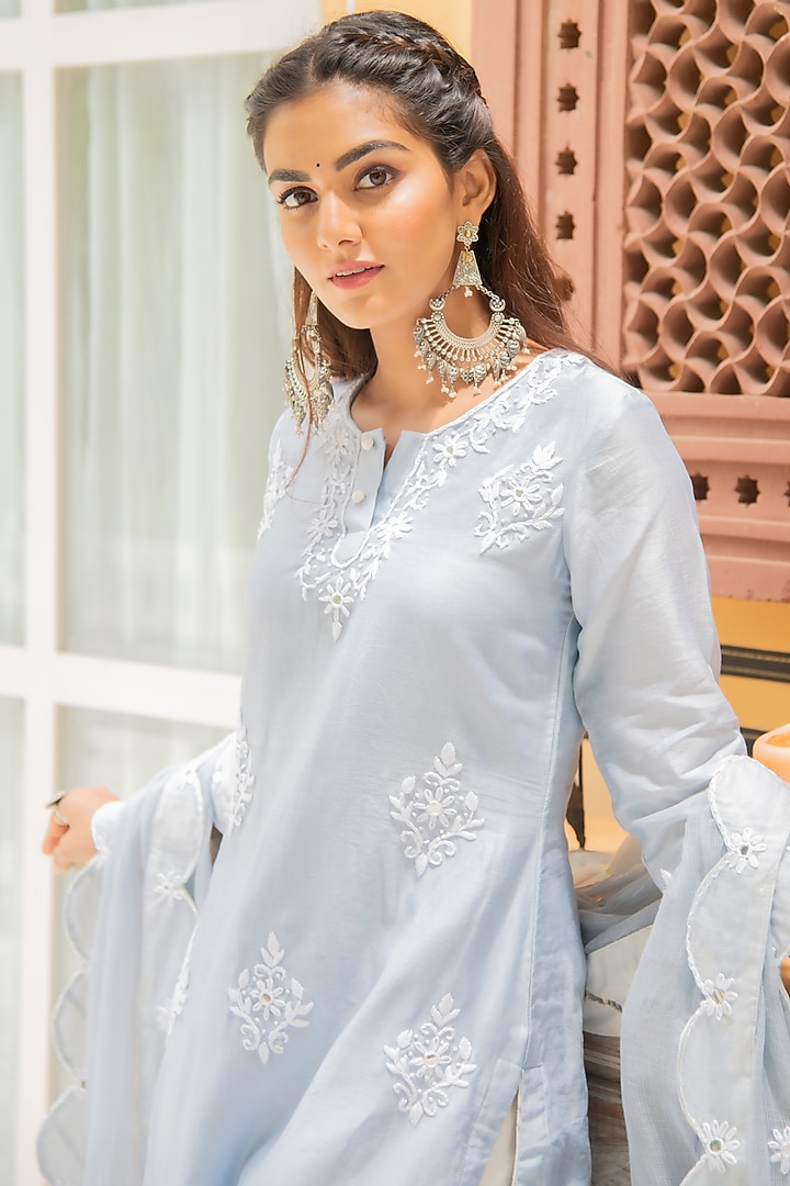 Powder Blue Mirror Embroidered Kurta Set by Maison Shefali at Pernia's Pop Up Shop