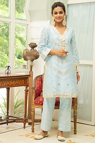 Powder Blue Gota Embroidered Kurta Set by Maison Shefali