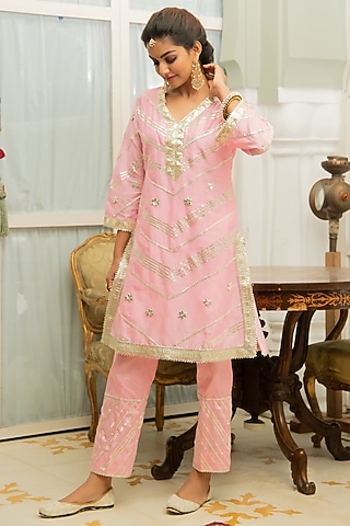 Pink Gota Embroidered Kurta Set by Maison Shefali