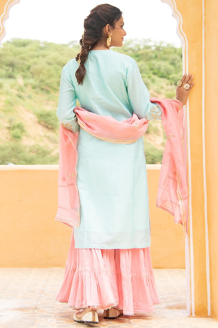 Powder Blue & Pink Mulmul Sharara Set by Maison Shefali at Pernia's Pop Up Shop