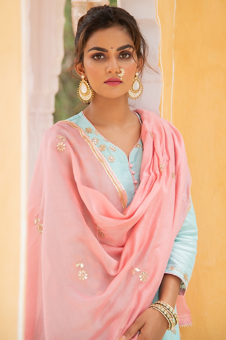 Powder Blue & Pink Mulmul Sharara Set by Maison Shefali at Pernia's Pop Up Shop