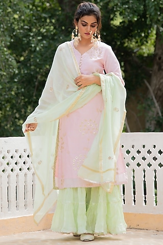 Baby Pink & Pista Green Mulmul Sharara Set by Maison Shefali