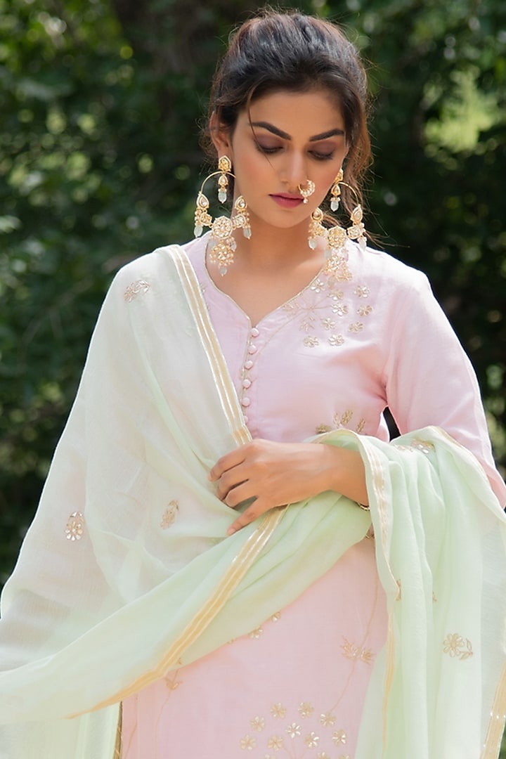Baby Pink & Pista Green Mulmul Sharara Set by Maison Shefali at Pernia's Pop Up Shop