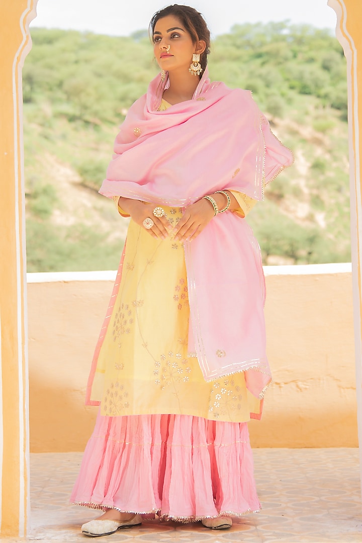 Pink & Yellow Mulmul Sharara Set by Maison Shefali
