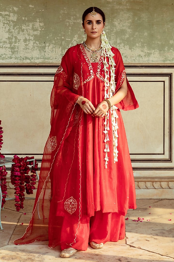 Deep Red Chanderi Silk Zari Embroidered Anarkali Set by Maison Shefali at Pernia's Pop Up Shop