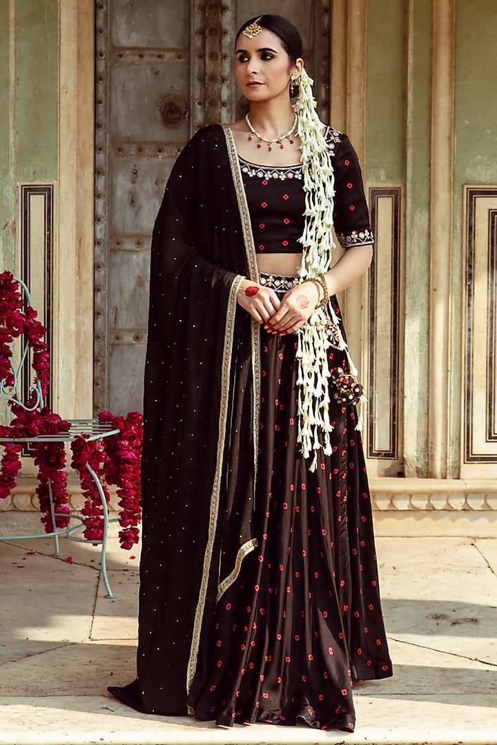 Black & Red Satin Silk Marodi Work & Bandhej Printed Lehenga Set by Maison Shefali at Pernia's Pop Up Shop