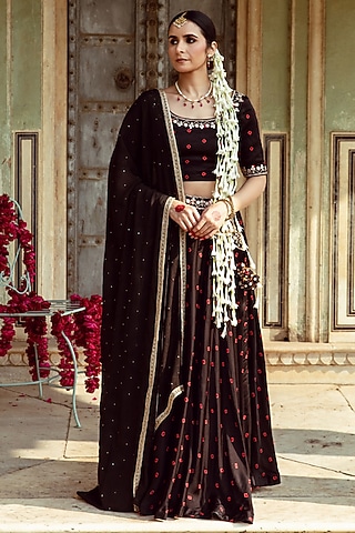 Black & Red Satin Silk Marodi Work & Bandhej Printed Lehenga Set by Maison Shefali