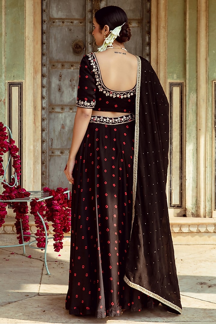 Black & Red Satin Silk Marodi Work & Bandhej Printed Wedding Lehenga Set by Maison Shefali at Pernia's Pop Up Shop