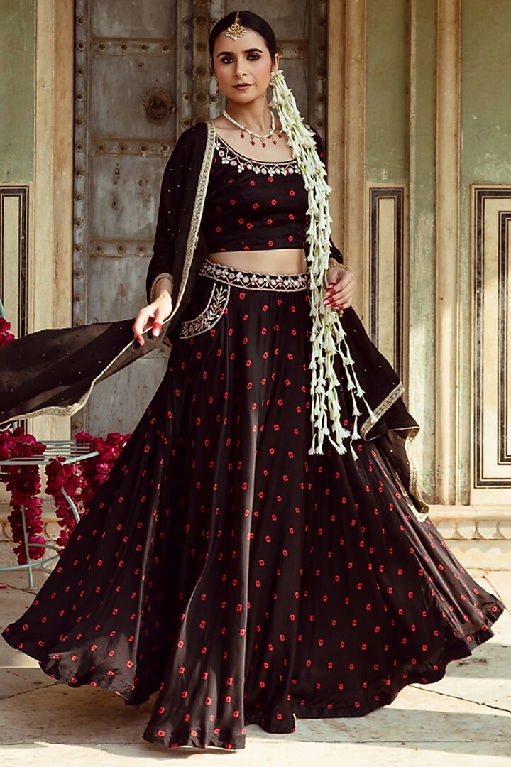 Black & Red Satin Silk Marodi Work & Bandhej Printed Wedding Lehenga Set by Maison Shefali at Pernia's Pop Up Shop